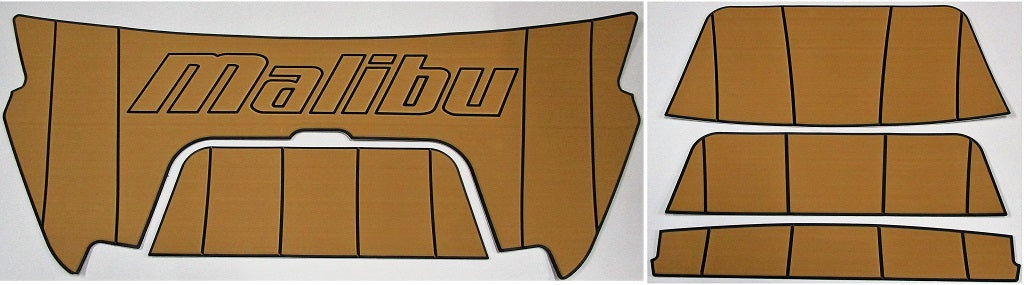 Malibu flip down swim step pads in mocha color, designed for boat access with multiple padded sections and a Malibu logo.
