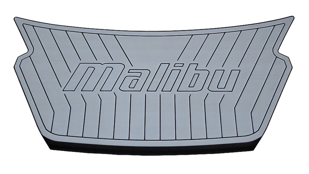 Malibu Swim Step Pad with gray surface, black edges, and "malibu" logo in the center, designed for boat or dock safety.