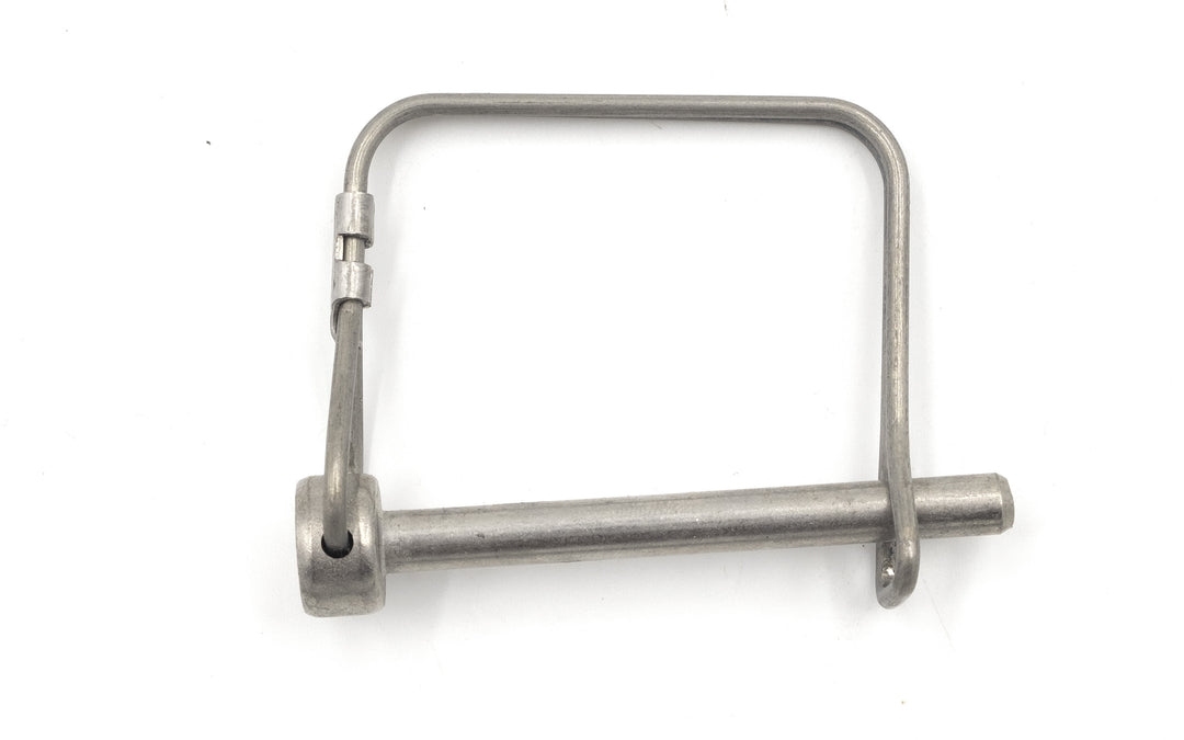Quick release swimstep pin made of metal with a cylindrical body and a U-shaped latch for easy attachment and removal.