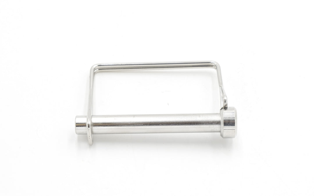 Silver metal swimstep pin with a rectangular frame and cylindrical bolt, used for securing swimstep components.