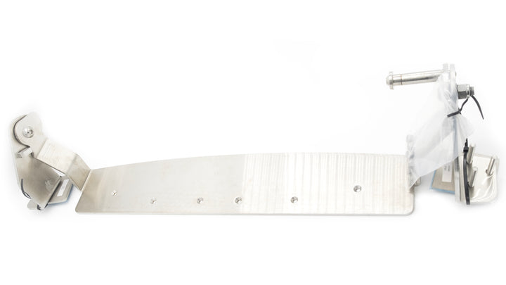 Fold down swim step hinge for boats, includes mounting hardware, stainless steel construction, and folding mechanism.