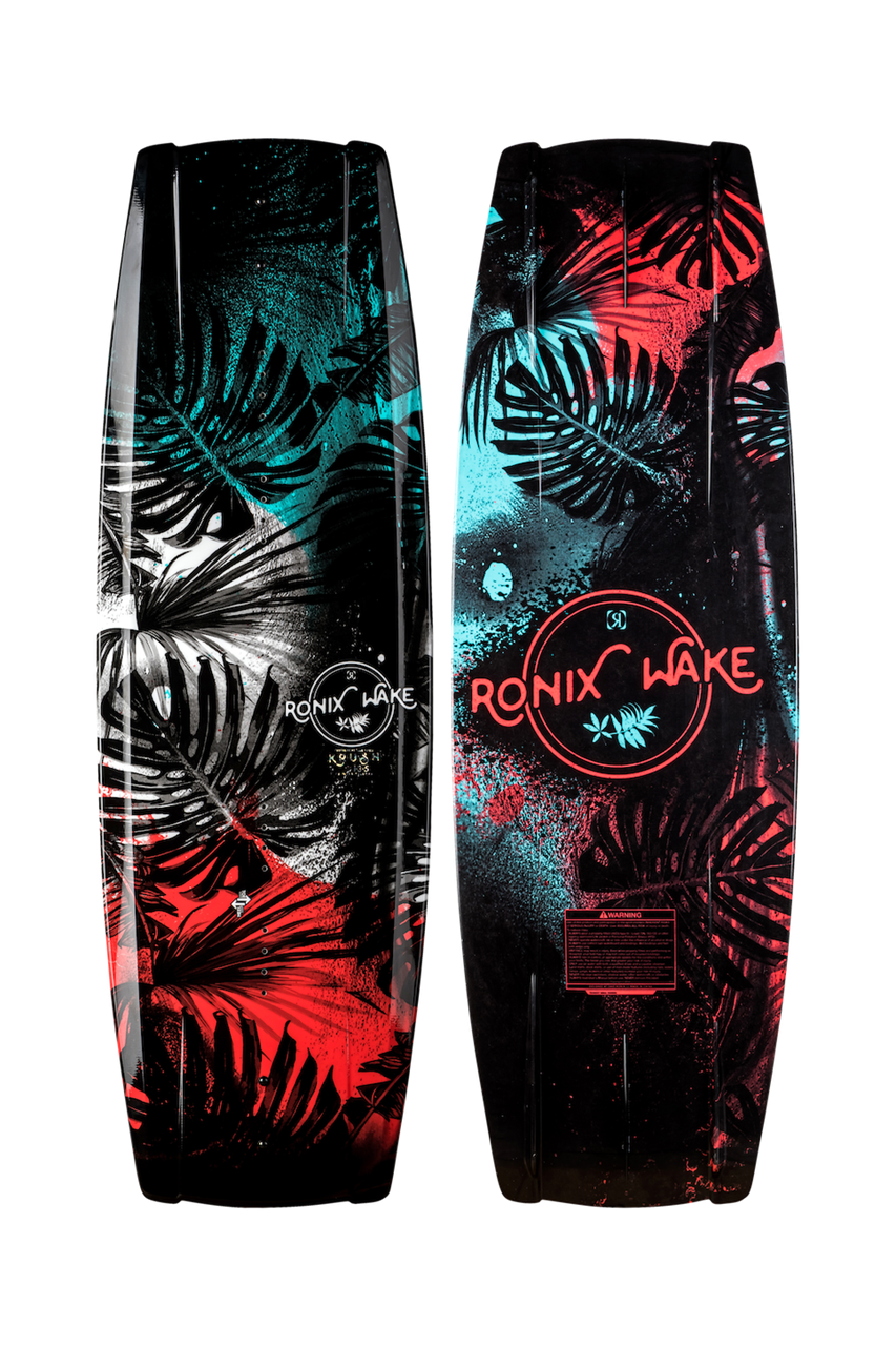 2025 Ronix Krush SF Wakeboard with vibrant tropical leaf graphics in black, red, and blue for women’s wakeboarding.