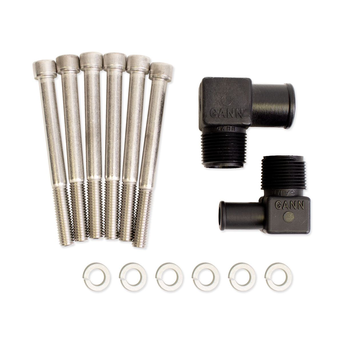 Set of six cast metal exhaust manifold bolts, two black GANN fittings, and six washers for 350 Chevrolet engine.
