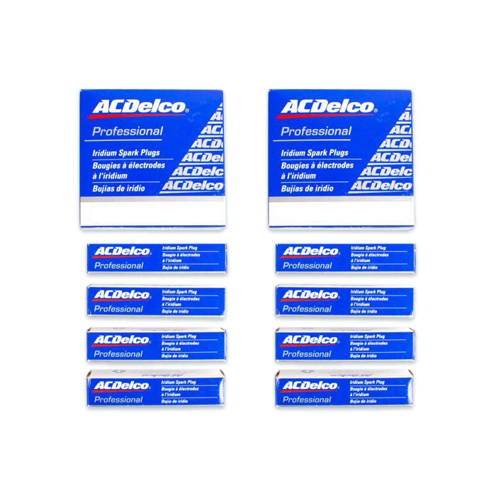 Set of AC Delco professional iridium spark plugs for GM 6.0/6.2 engines, in blue packaging with white and red accents.