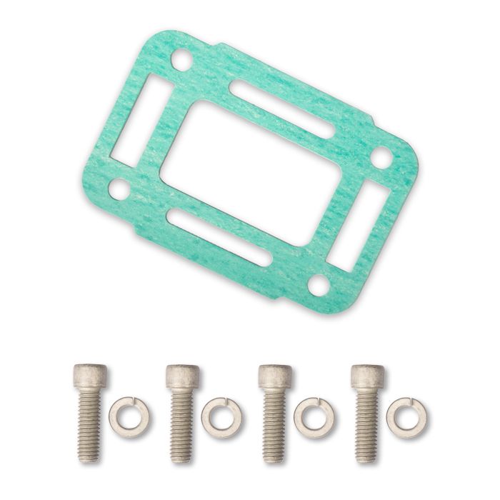 Riser hardware kit with a green mounting plate, four screws, and four washers for elevating electronic components.