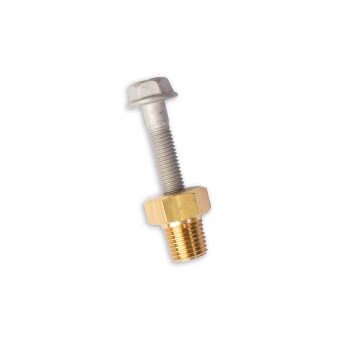 Brass fitting with bolt and nut for plumbing or mechanical applications, featuring a threaded connection for secure attachment.