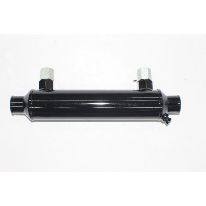 Indmar transmission cooler with black cylindrical body and metal fittings, designed to regulate transmission fluid temperature.