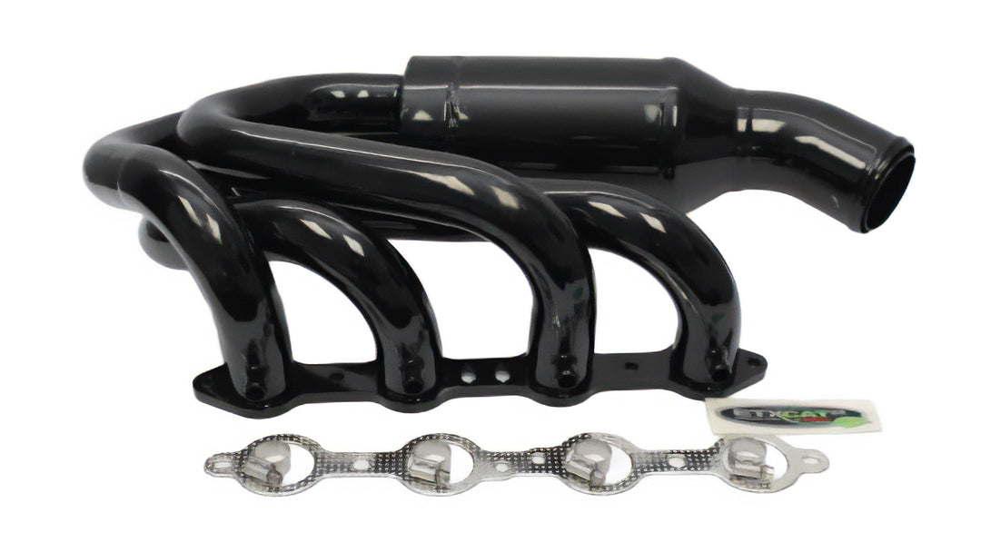 Indmar Manifold Tube N Tube Kit with catalytic converter for 6.0 L engines, featuring a sleek black finish and gaskets.
