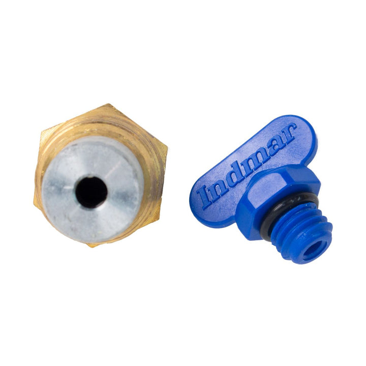 Indmar transmission anode with drain plug, featuring a blue plastic cap and threaded metal base for marine engine protection.