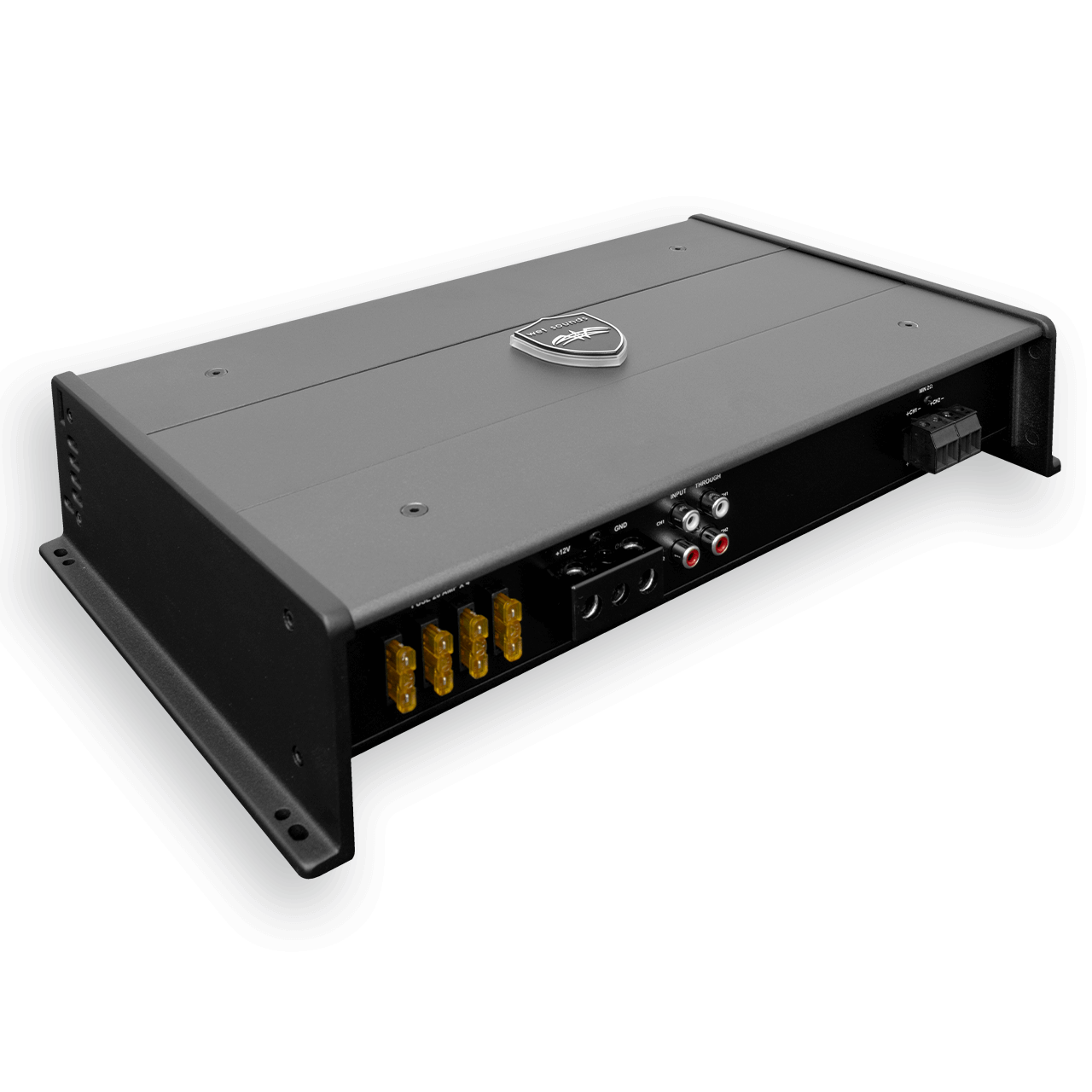 Wet Sounds SYN-DX2.3 HP marine amplifier with a sleek gray and black design, multiple input/output ports, and high-power audio output.