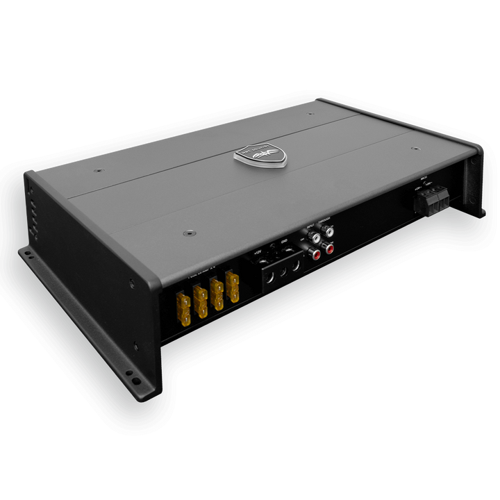 Wet Sounds SYN-DX2.3 HP marine amplifier with a sleek gray and black design, multiple input/output ports, and high-power audio output.
