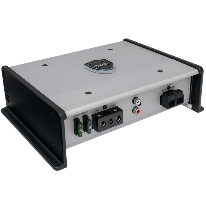 Wet Sounds HTX-2 marine amplifier with dual channels, power connections, fuse, and input/output ports for boat audio systems.