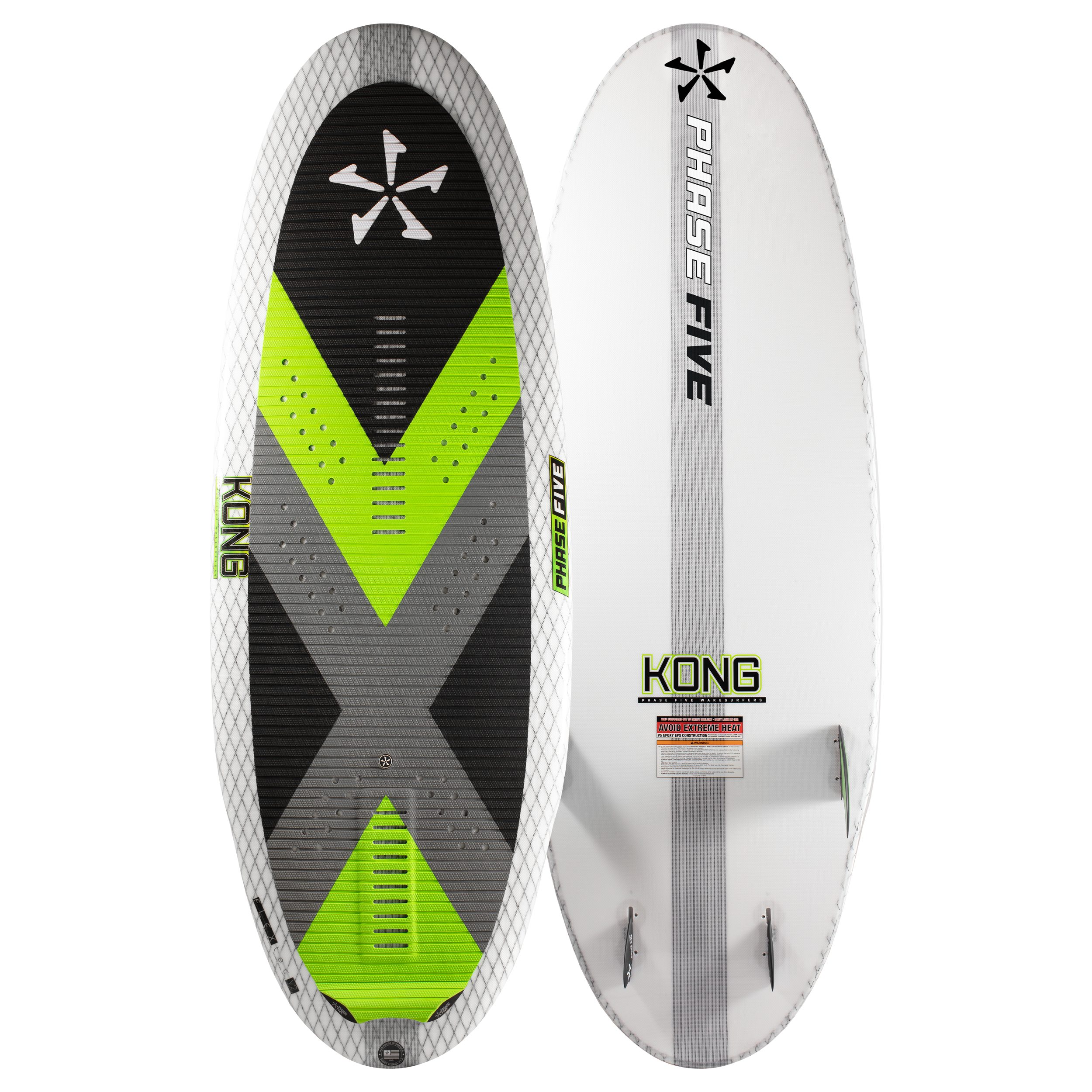2025 Kong Phase 5 surfboard with a white and black design, green accents, and traction pad, ideal for advanced surfing.