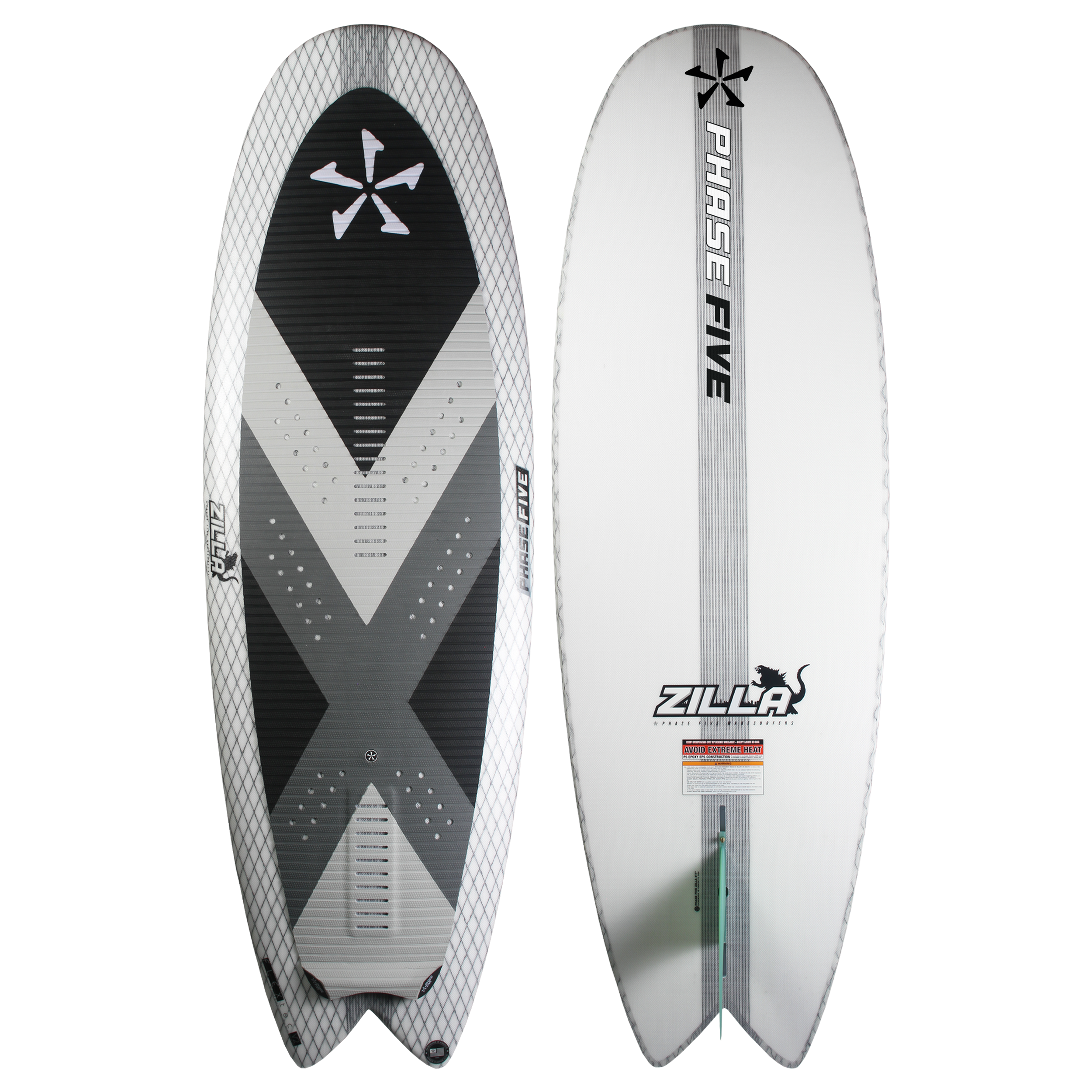 2025 Phase 5 Zilla Surf Board with black, white, and gray design, featuring a logo and traction pad, ideal for surfing.