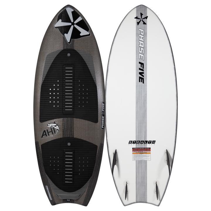 2025 Phase 5 Ahi Stealth Surf Board featuring a sleek design with black and white colors and traction pads.