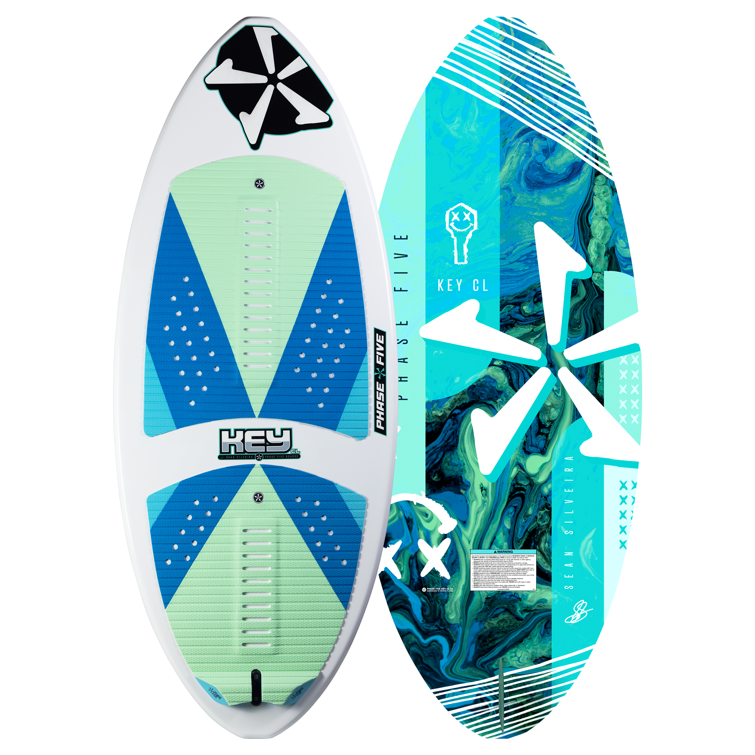 2025 Phase 5 Key CL Skim Board featuring a vibrant blue and green design with a unique star pattern.