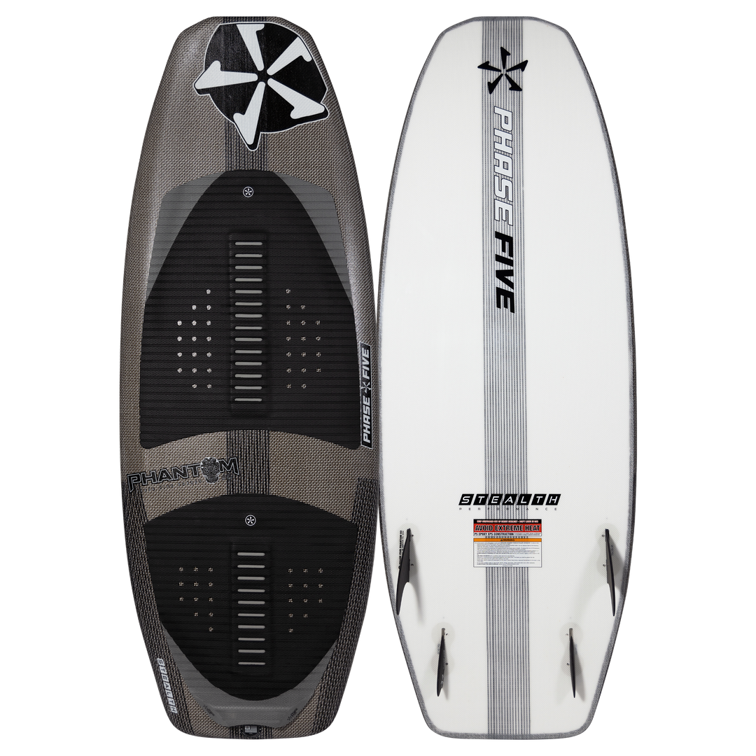 2025 Phase 5 Phantom Stealth Surf Board with black and white design, anti-heat warning, and multiple foot straps for stability.