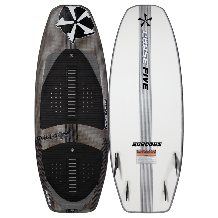 2025 Phase 5 Phantom Stealth Surf Board with black and white design, anti-heat warning, and multiple foot straps for stability.