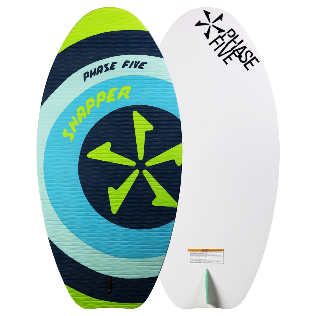 2025 Phase 5 Snapper Skim Board with colorful blue, green, and navy design, and a white underside featuring the "Please Drive" logo.