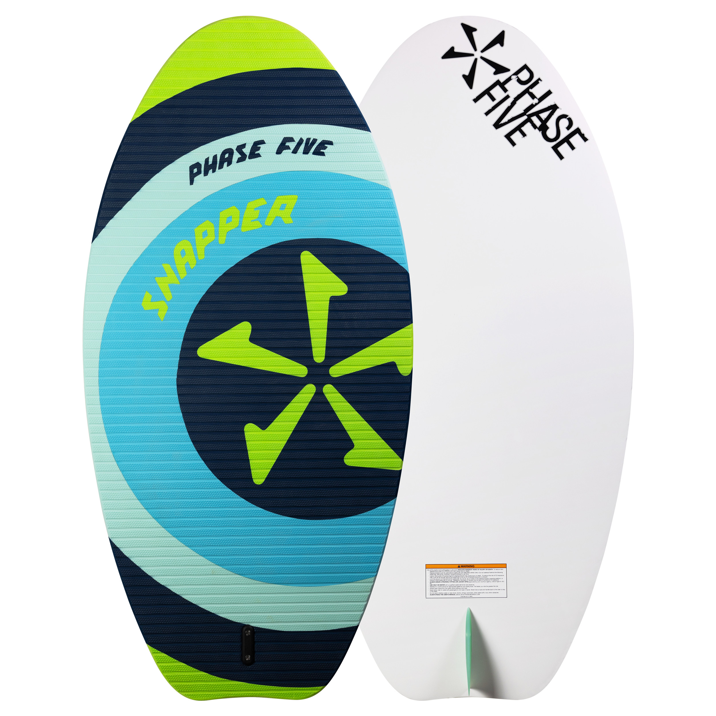2025 Phase 5 Snapper Skim Board with colorful blue, green, and navy design, and a white underside featuring the "Please Drive" logo.