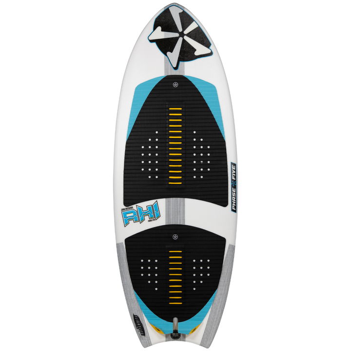 2026 Phase Five Ahi wake surfboard featuring a sleek design with a white base, blue accents, and textured grip pads.