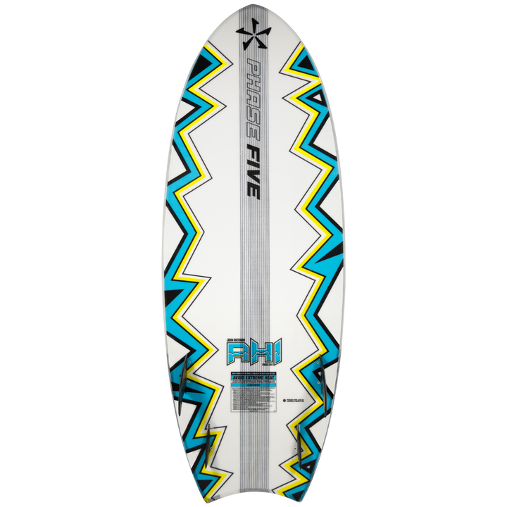 2026 Phase Five Ahi wake surfboard featuring a vibrant design with blue and yellow zigzag patterns. Ideal for water sports enthusiasts.