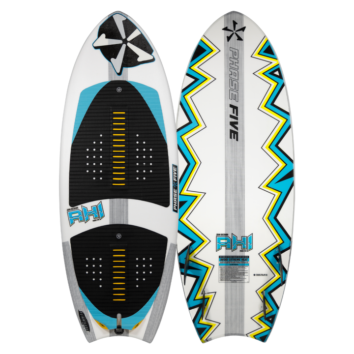 2026 Phase Five Ahi surfboard featuring a sleek design with vibrant colors and textured footpads for optimal grip.
