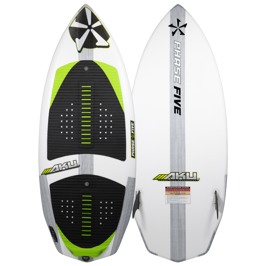 2026 Phase Five Aku V2 wake surfboard featuring a sleek design with green accents and textured foot pads for grip.
