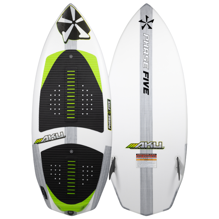 2026 Phase Five Aku V2 wake surfboard featuring a sleek design with green accents and textured foot pads for grip.
