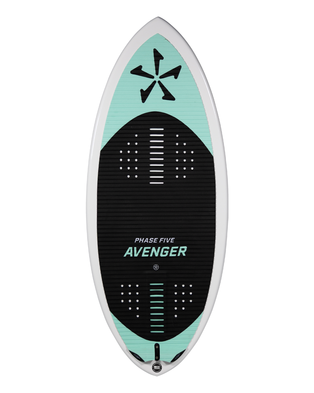 2026 Phase Five Avenger wake surfboard featuring a sleek design with a black and mint color scheme and traction pads.