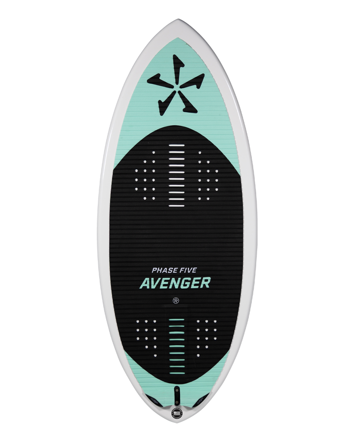 2026 Phase Five Avenger wake surfboard featuring a sleek design with a black and mint color scheme and traction pads.