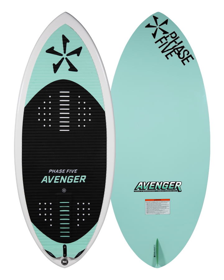 2026 Phase Five Avenger wake surfboard featuring a sleek design with a mint green finish and textured grip surface.