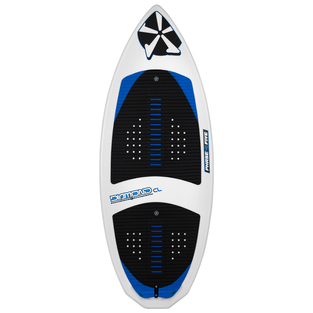 2026 Phase Five Diamond CL wake surfboard featuring a sleek design with black and blue accents for optimal performance.