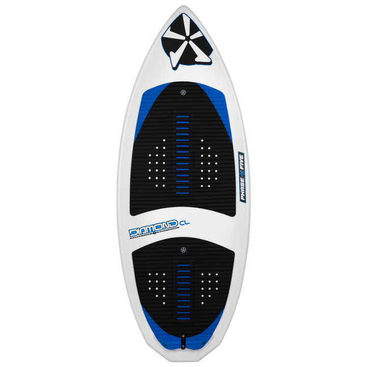 2026 Phase Five Diamond CL wake surfboard featuring a sleek design with black and blue accents for optimal performance.