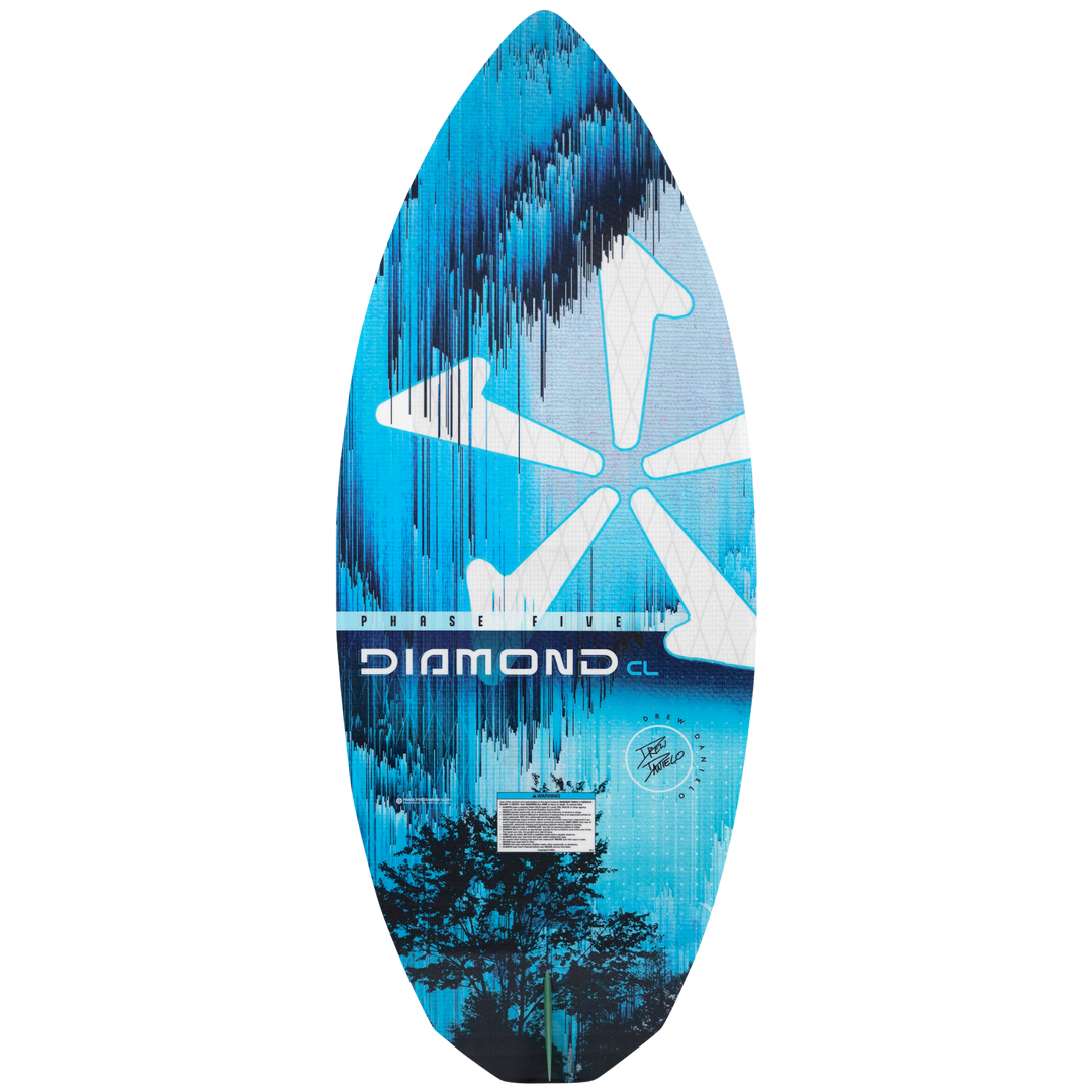 2026 Phase Five Diamond CL wake surfboard featuring a vibrant blue design with a star logo and sleek shape for optimal performance.