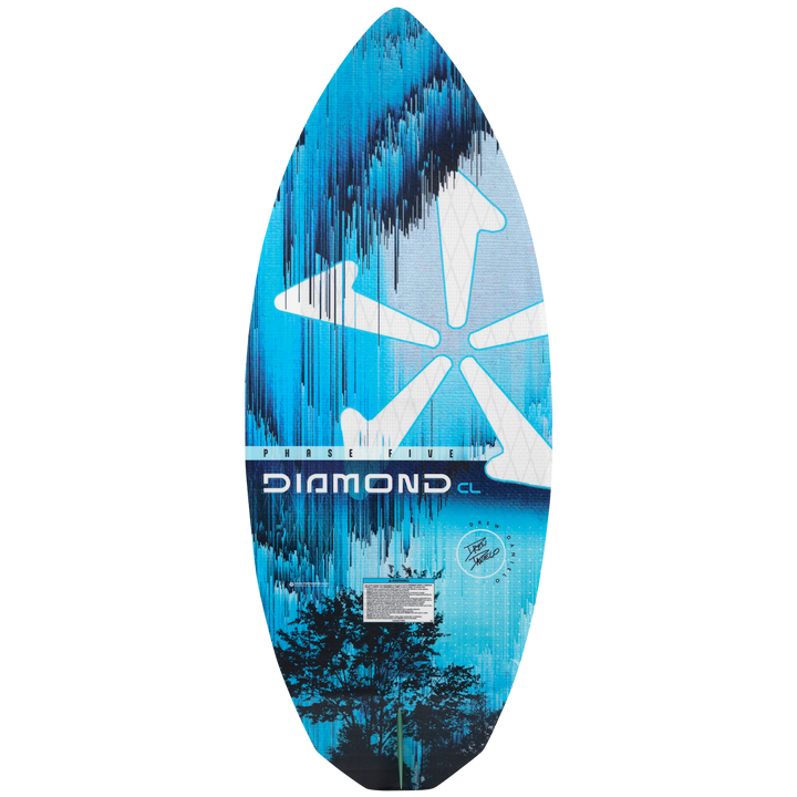 2026 Phase Five Diamond CL wake surfboard featuring a vibrant blue design with a star logo and sleek shape for optimal performance.