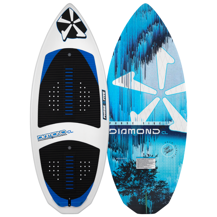 2026 Phase Five Diamond CL wake surfboard featuring a blue and white design with a star logo and textured grip pads.