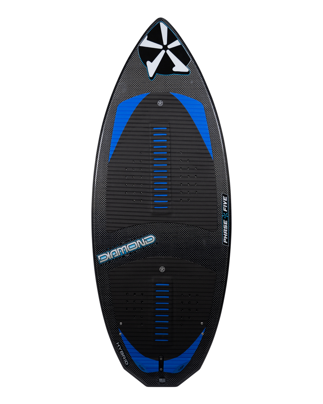 2026 Phase Five Diamond Turbo wake surfboard featuring a sleek black design with blue accents and textured grip.