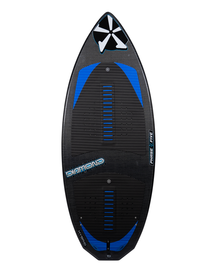 2026 Phase Five Diamond Turbo wake surfboard featuring a sleek black design with blue accents and textured grip.