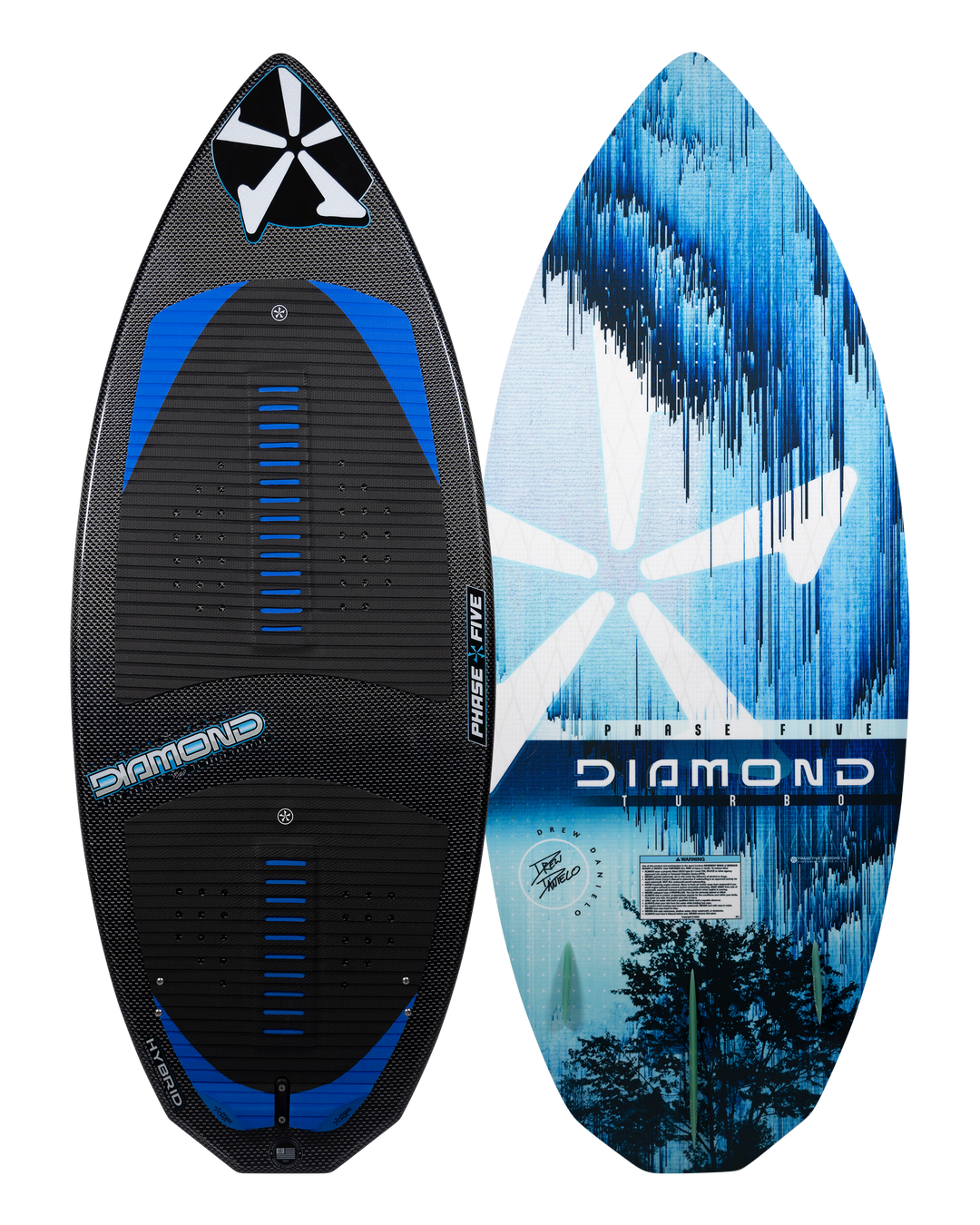 2026 Phase Five Diamond Turbo wake surfboard featuring a sleek design with a blue and black color scheme and textured grip.