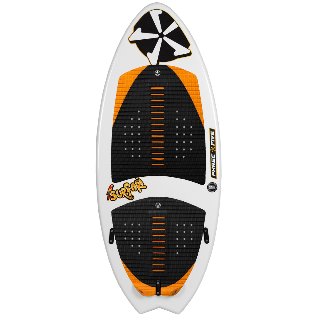 2026 Phase Five Surfari surfboard featuring a sleek design with orange accents and textured footpads for grip.