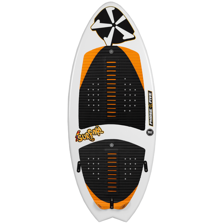 2026 Phase Five Surfari surfboard featuring a sleek design with orange accents and textured footpads for grip.