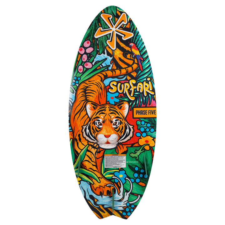 Colorful Phase Five Surfari surfboard featuring a vibrant tiger design surrounded by tropical foliage and flowers.
