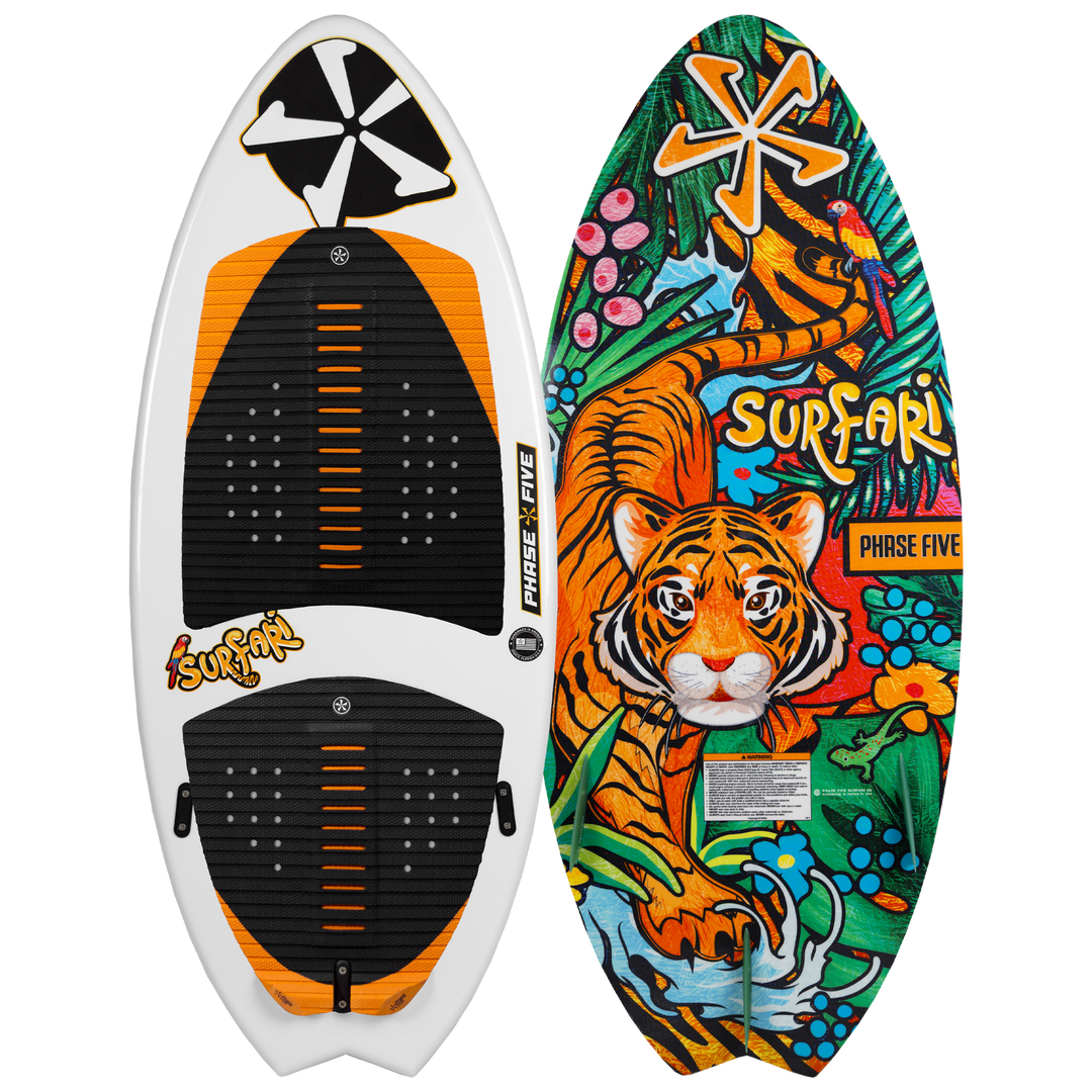 2026 Phase Five Surfari wake surfboard featuring a vibrant tiger design and textured grip pads for enhanced performance.