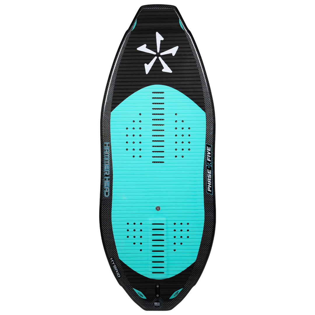 2026 Phase Five Hammerhead V3 wake surfboard featuring a sleek design with a turquoise and black color scheme.