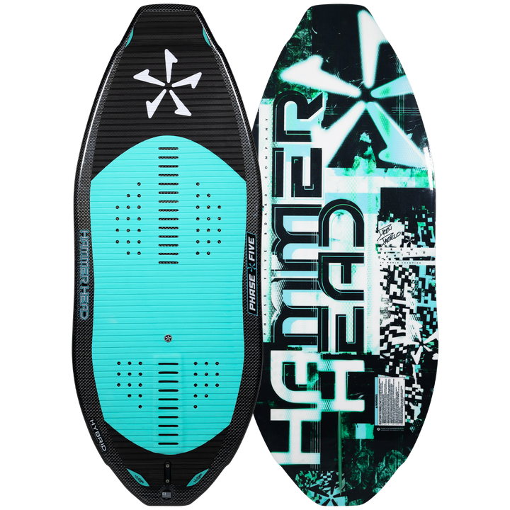 2026 Phase Five Hammerhead V3 wake surfboard featuring a sleek design with a turquoise and black color scheme.