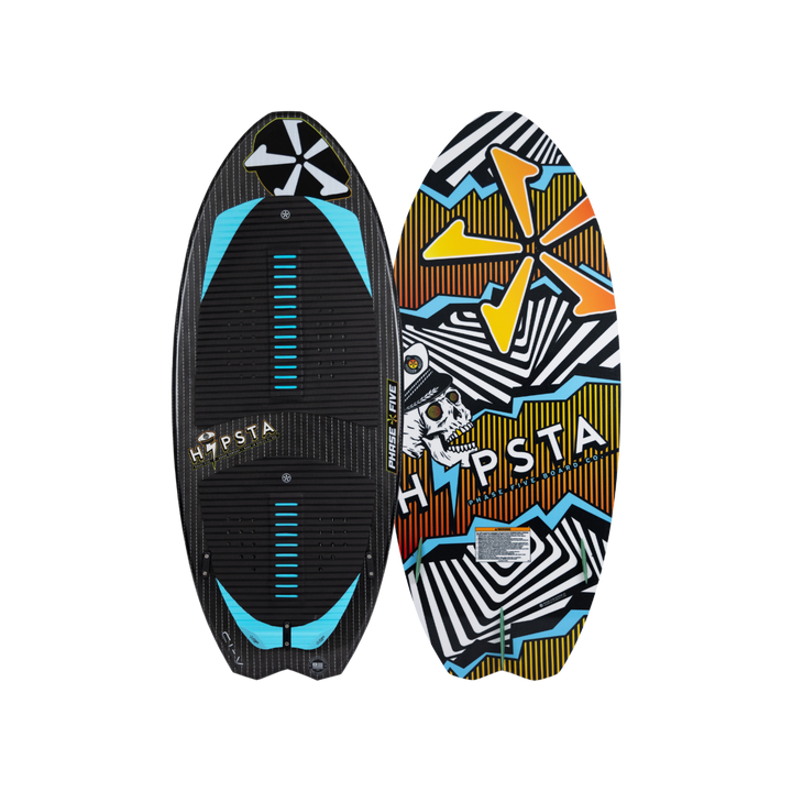 2026 Phase Five Hypsta V2 wake surfboard featuring a sleek design with vibrant graphics and textured traction pads.