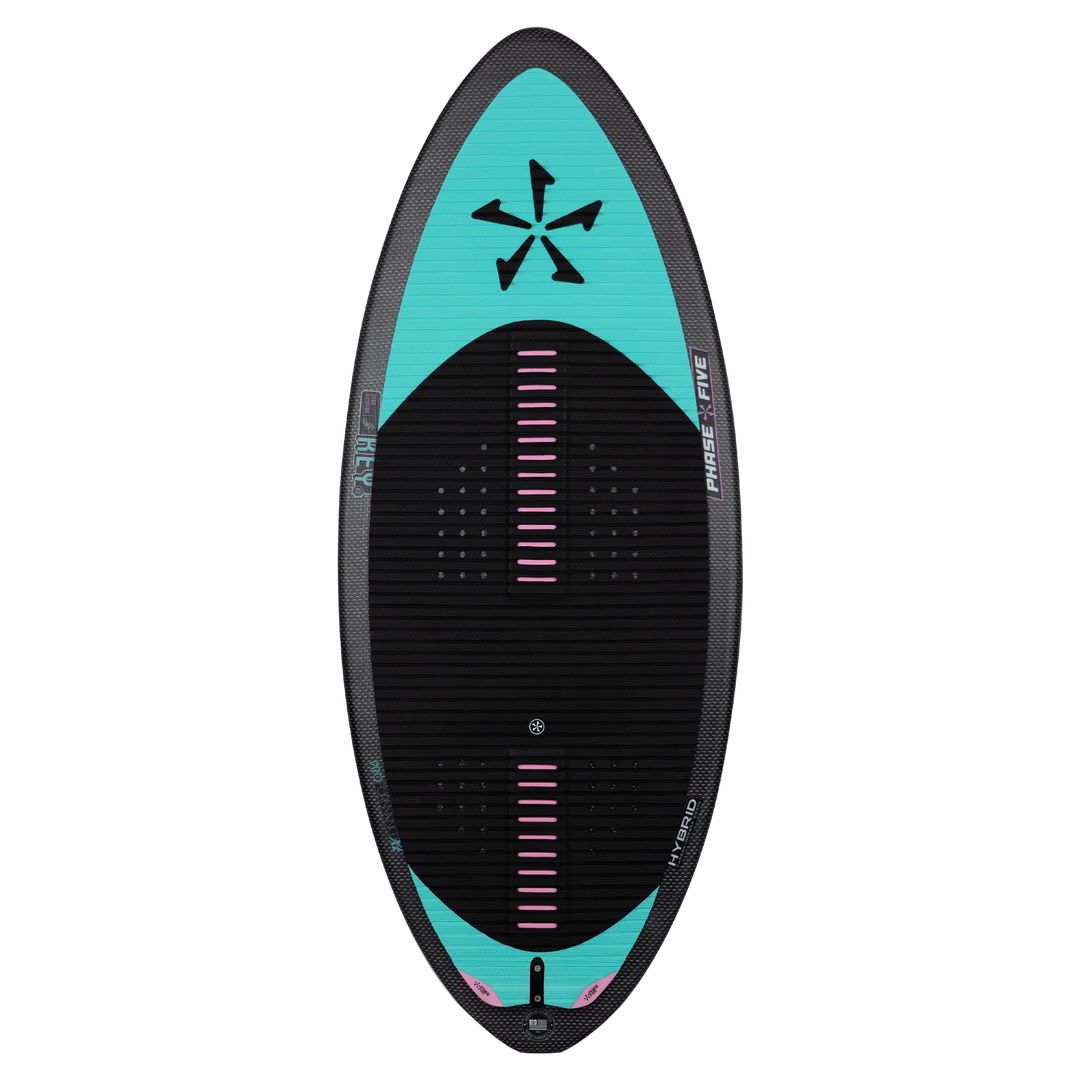 2026 Phase Five Key V2 wake surfboard featuring a sleek design with a turquoise and black color scheme, ideal for performance on the water.