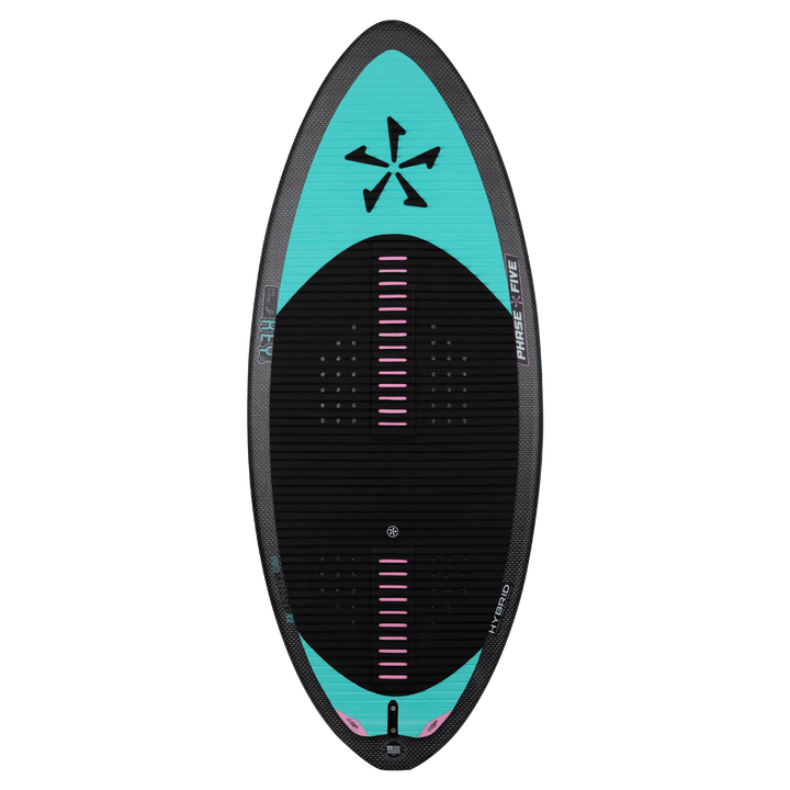 2026 Phase Five Key V2 wake surfboard featuring a sleek design with a turquoise and black color scheme, ideal for performance on the water.