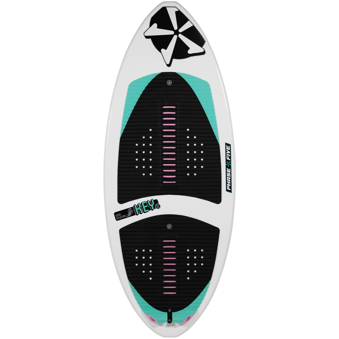 2026 Phase Five Key CL surfboard with a sleek design featuring a white base, turquoise accents, and textured foot pads.